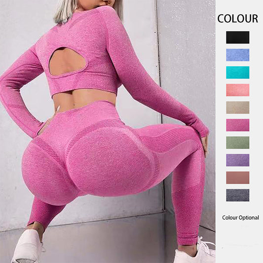 Long Sleeve Hollow Design Tops And Butt Lifting High Waist Seamless Fitness Leggings