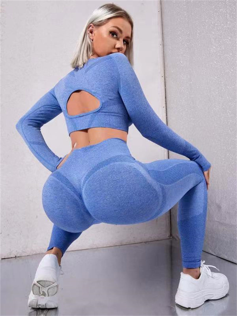 Long Sleeve Hollow Design Tops And Butt Lifting High Waist Seamless Fitness Leggings