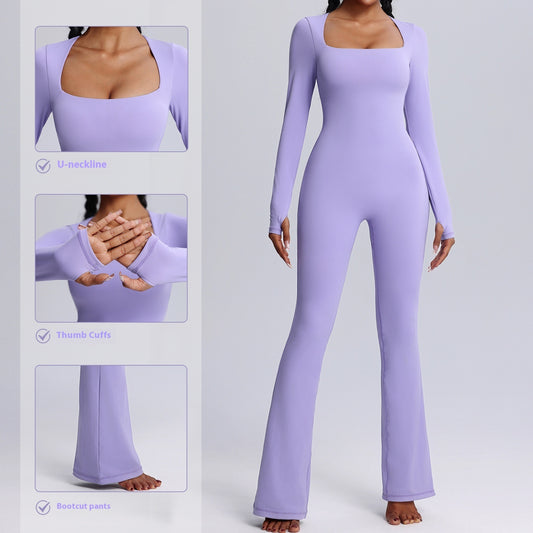 New Square Neck Long-sleeved Jumpsuit Yoga Fitness  Clothing