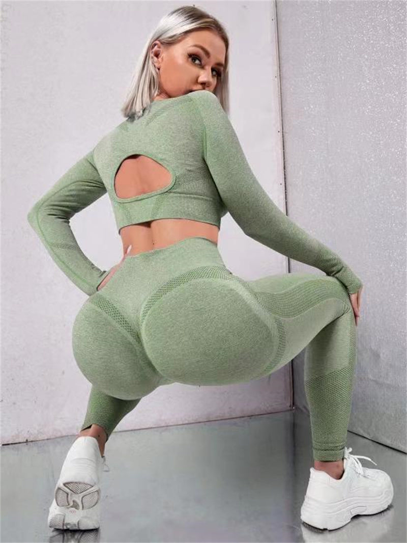 Long Sleeve Hollow Design Tops And Butt Lifting High Waist Seamless Fitness Leggings