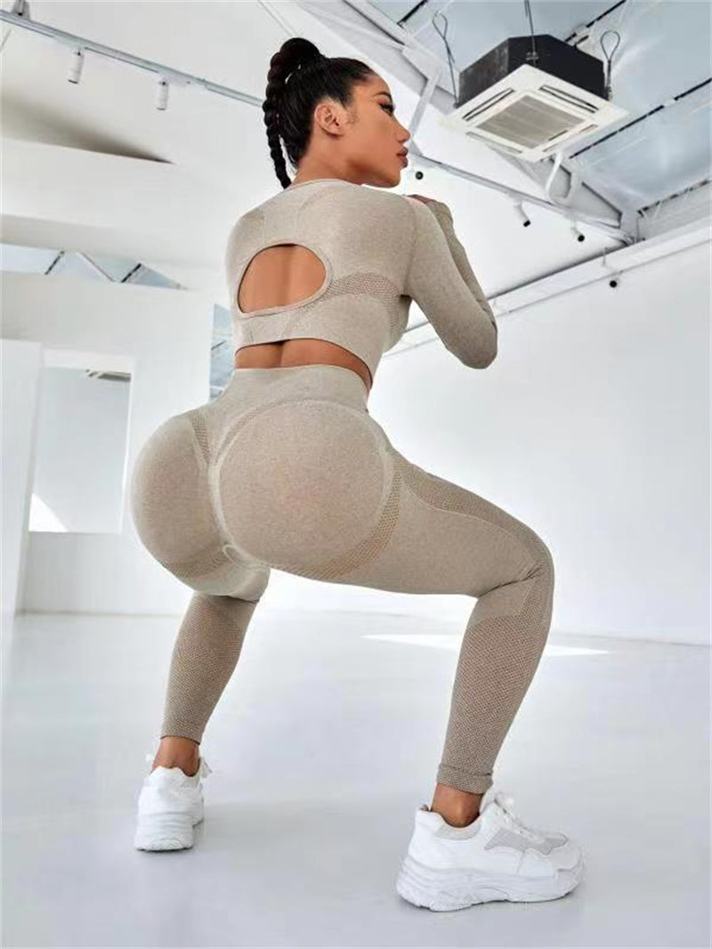 Long Sleeve Hollow Design Tops And Butt Lifting High Waist Seamless Fitness Leggings