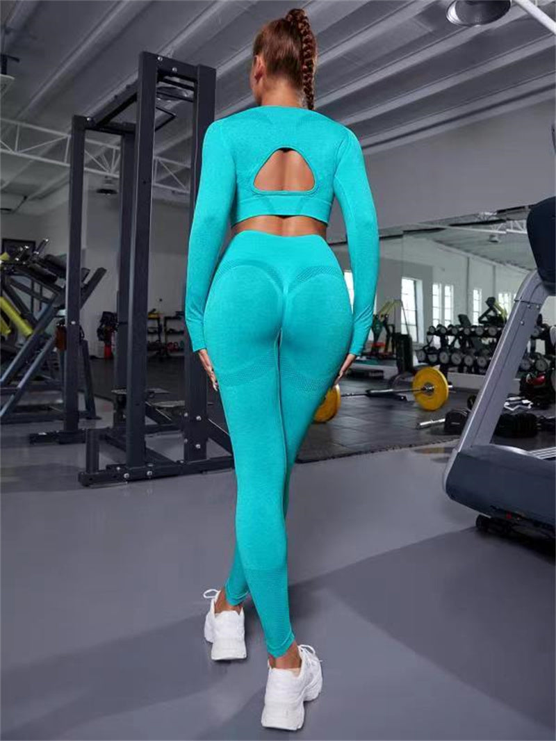 Long Sleeve Hollow Design Tops And Butt Lifting High Waist Seamless Fitness Leggings